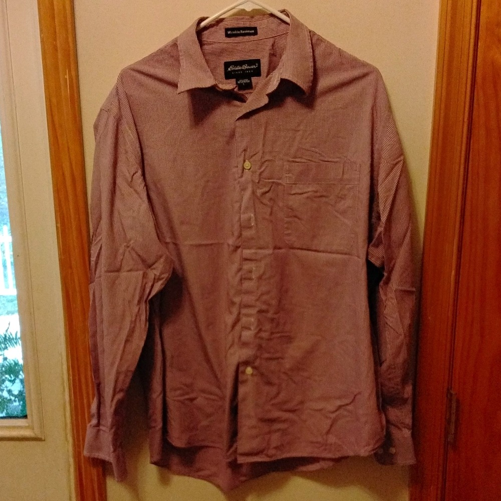 Eddie Bauer Red/White Check Long Sleeve Wrinkle Resistant Shirt w/ Pockets L